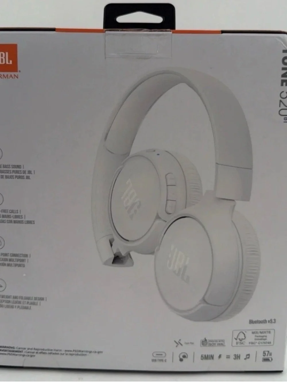 JBL Harman Tune 520BT Wireless Over-Ear Headphones - White